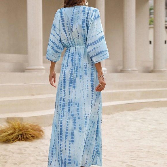 Blue Boho Womens Tie Dye Split Sleeve Dress - Picture 2 of 5